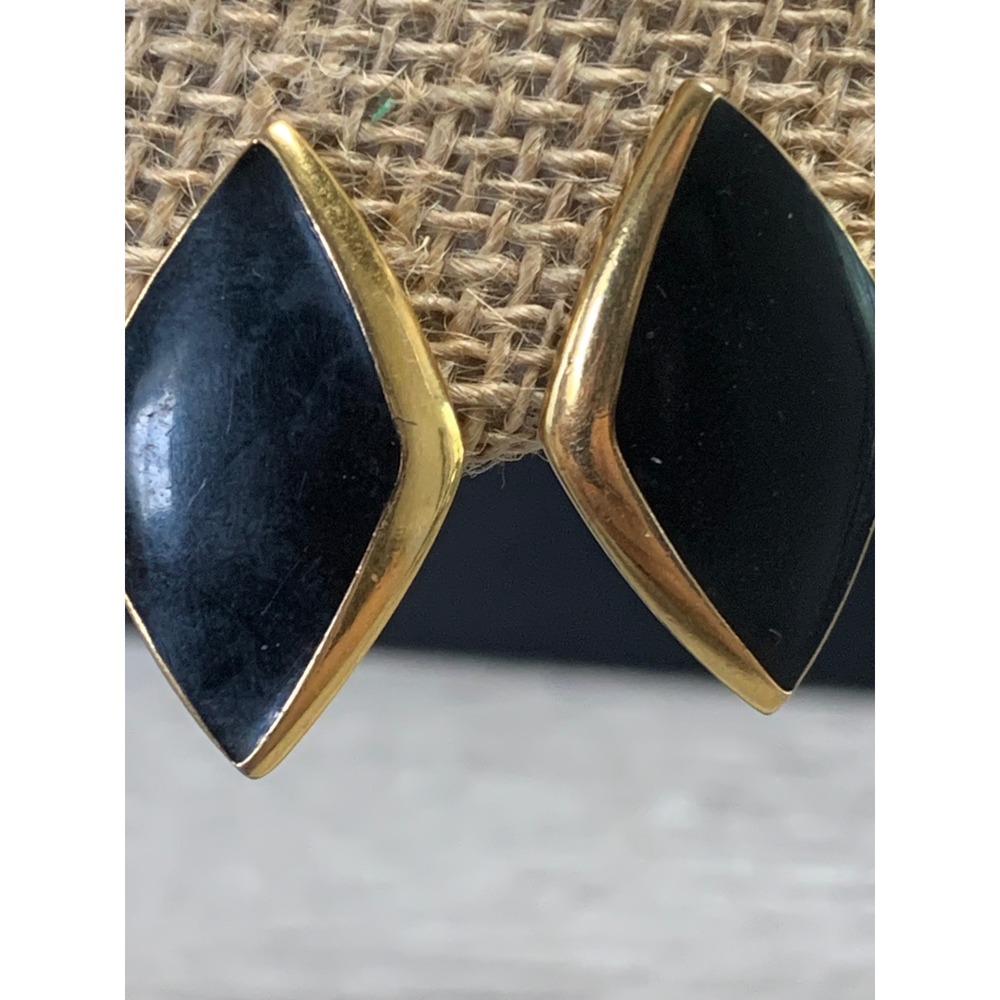 Trifari Vintage Gold Tone Black Geometric Clip On Earrings Designer Jewelry